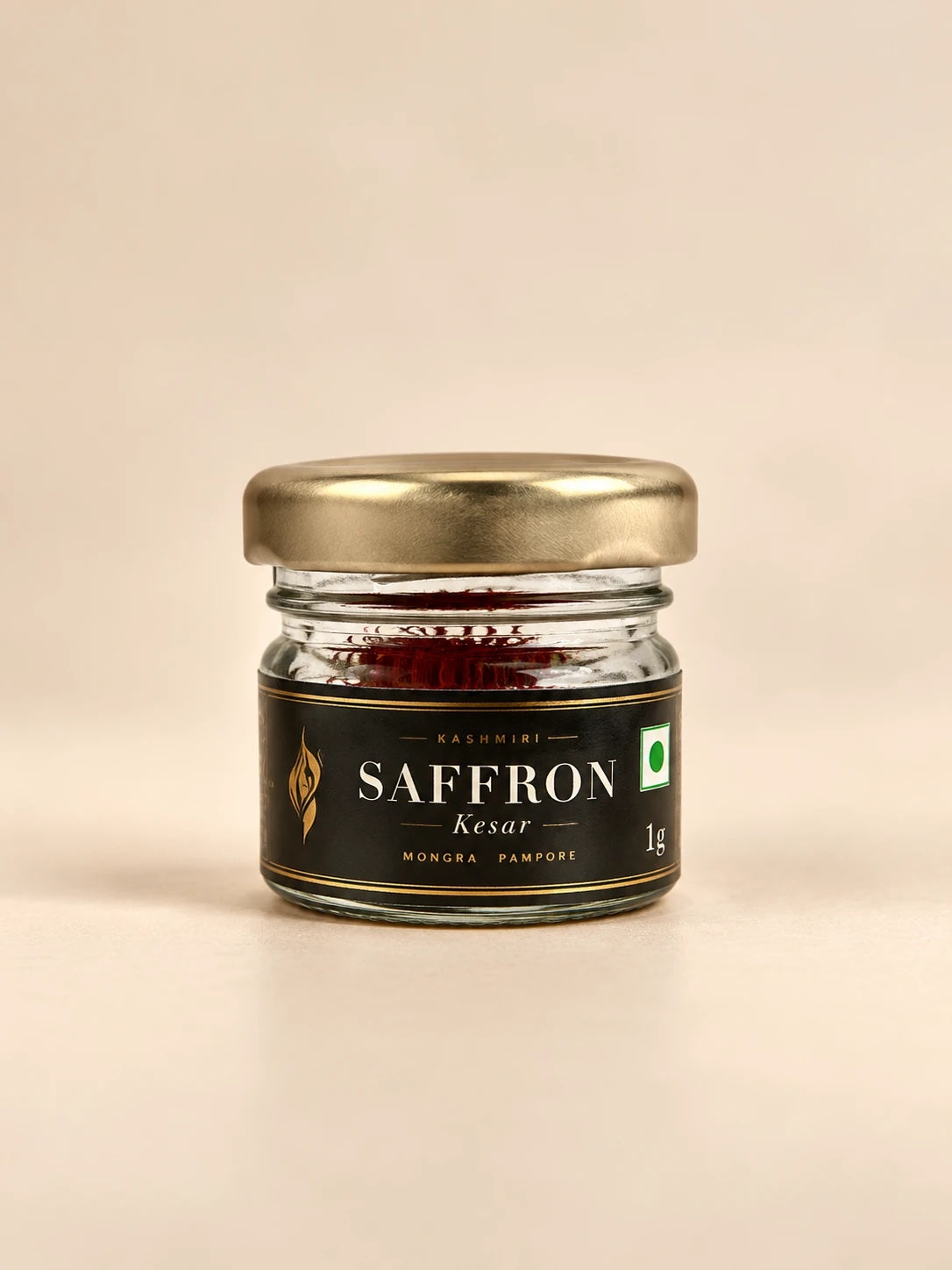 Qashvor Kashmiri saffron (kesar), Mongra grade from Pampore, in a 1 g glass jar with a gold lid