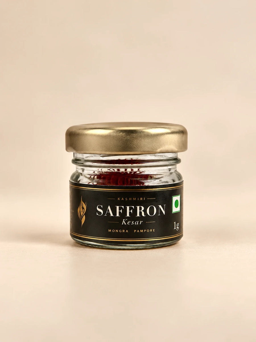 Qashvor Kashmiri saffron (kesar), Mongra grade from Pampore, in a 1 g glass jar with a gold lid